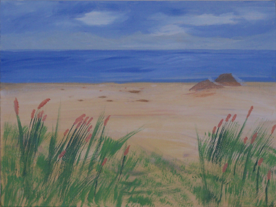 Gemälde eines Strandes mit Meer, Himmel und Gräsern im Vordergrund.