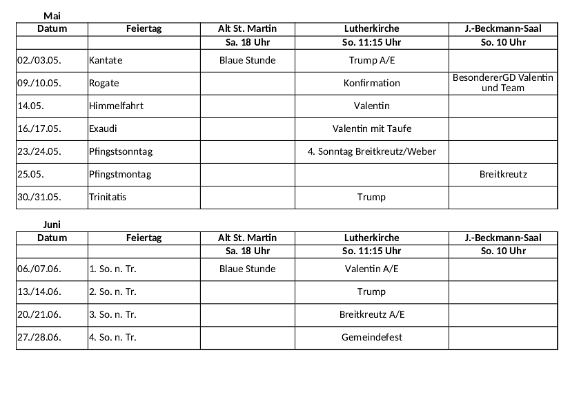 Predigtplan April / Mai