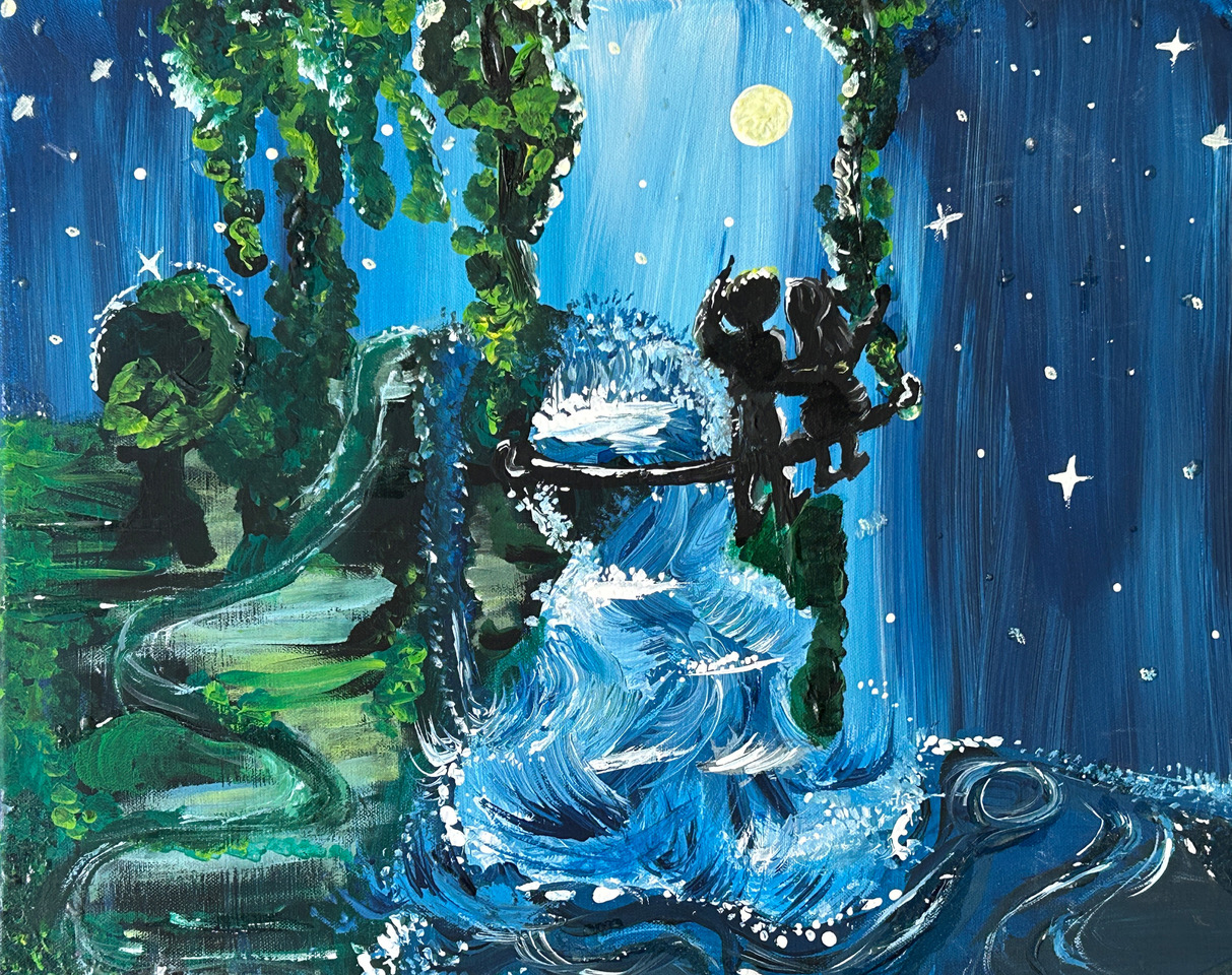 Malerei einer nächtlichen Szene mit Wasserfall, Mond und Silhouette von zwei Personen.