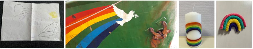 Child's drawing, mural, candle, woven rainbow.