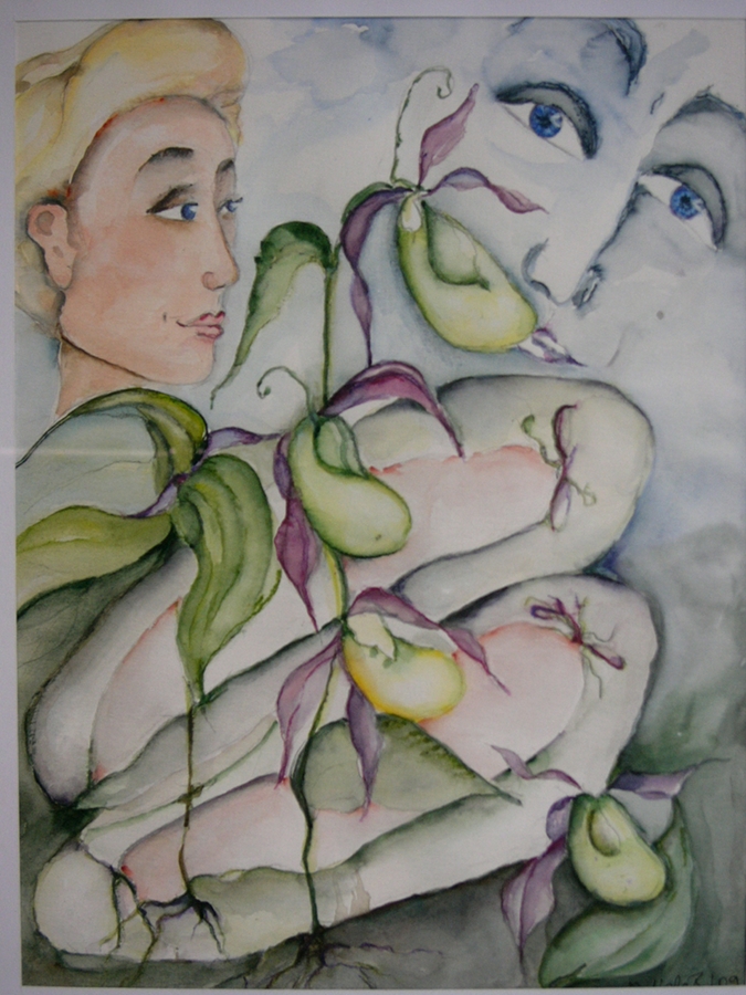 Gemälde mit zwei Gesichtern, eines davon von Pflanze mit Beeren verdeckt.