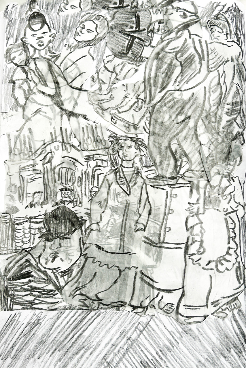 Schwarz-Weiß-Bleistiftskizze einer Menschenmenge und Architektur.