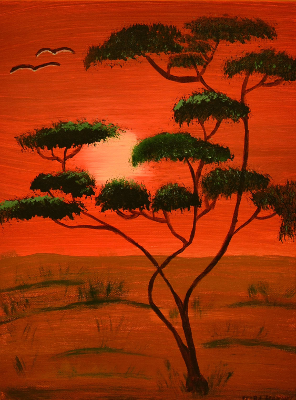 Gemälde eines Baumes in einer Savannenlandschaft bei Sonnenuntergang.