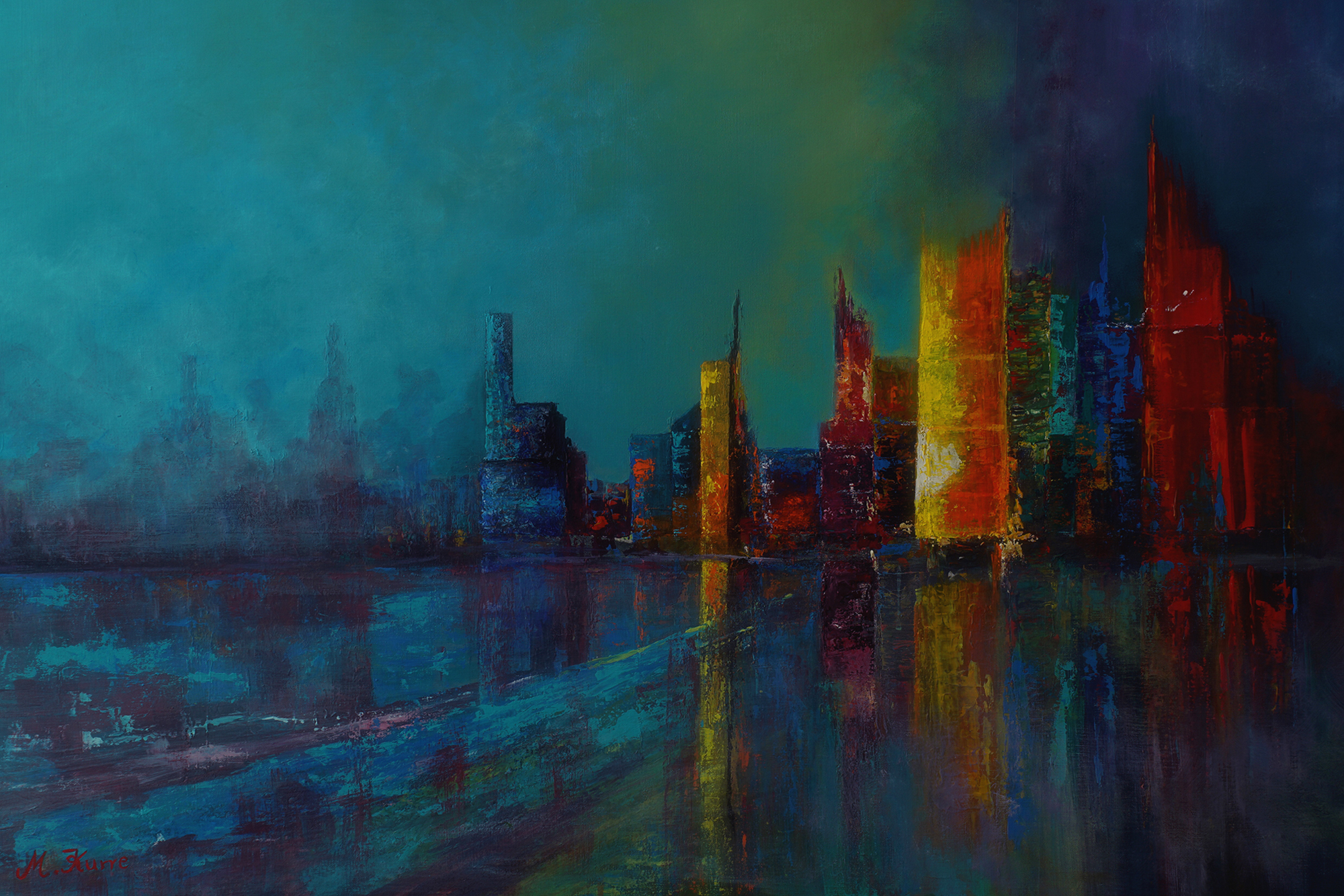 Düsseldorfer Rheinuferpromenade gemalt von Martina Kurre