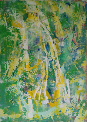 Abstraktes Gemälde in Gelb und Grün.