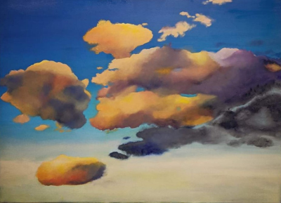 Gemälde eines blauen Himmels mit großen, leuchtenden Wolken.