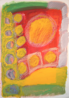 Abstraktes Gemälde mit gelben Kreisen und roten, grünen und grauen Flächen.