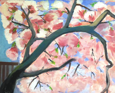 Gemälde eines blühenden Baumes mit rosa Blüten vor blauem Himmel.