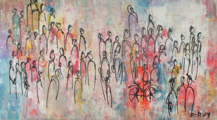 Abstraktes Gemälde: Menschenmenge, Fahrrad.