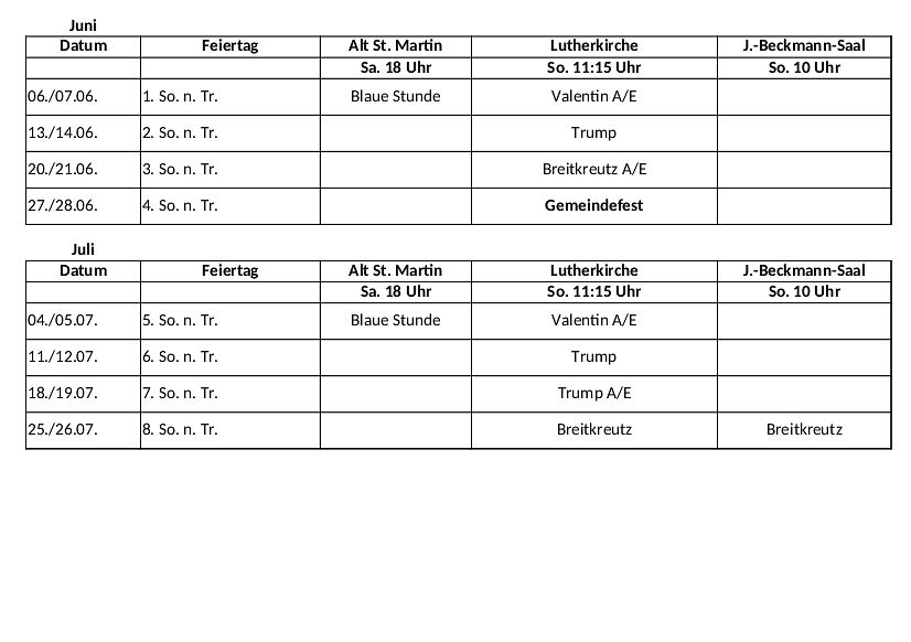 Predigtplan April / Mai