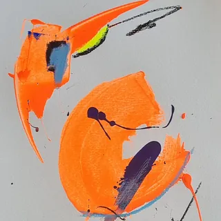 Abstraktes Gemälde mit orangefarbenen, blauen und gelben Farbspritzern.