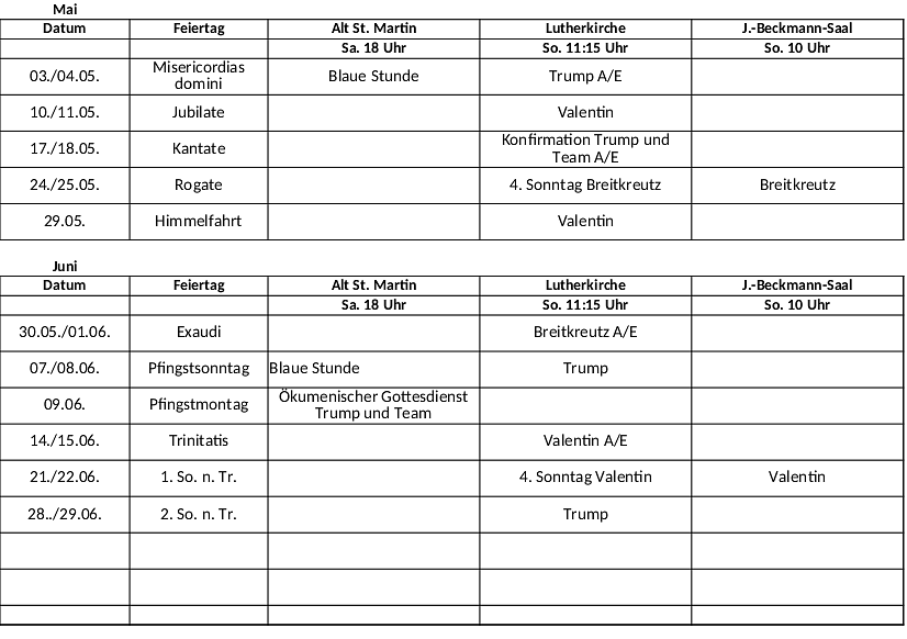 Predigtplan April / Mai