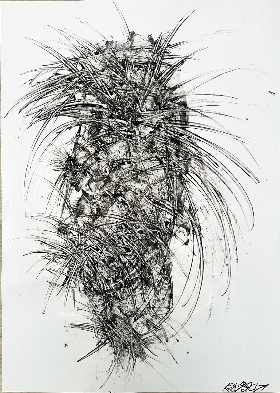 Schwarz-Weiß-Skizze einer abstrakten, stacheligen Form.