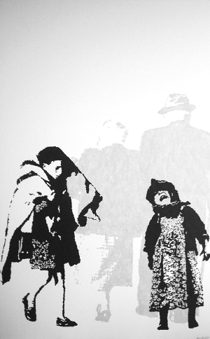 Schwarz-Weiß-Foto einer Schattenfigur und von Kindern in der Fluchtszene.