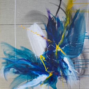 Abstraktes Gemälde mit blauen, weißen und gelben Pinselstrichen und Farbspritzern.