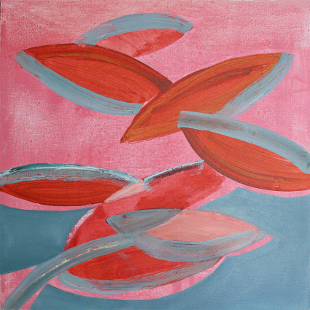 Abstraktes Gemälde mit orangefarbenen und grauen Blattformen auf rosa Hintergrund.