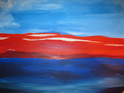 Abstraktes Gemälde mit roten und blauen Flächen, die einen Horizont bilden.