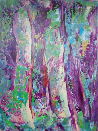 Abstraktes Gemälde mit kräftigen lila, grünen und blauen Pinselstrichen.