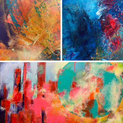Collage aus drei abstrakten Gemälden in verschiedenen Farben.