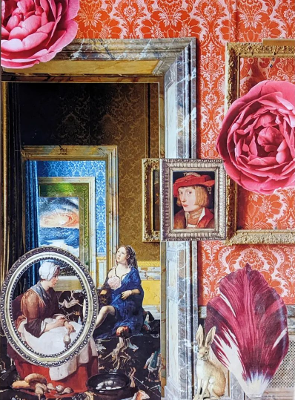 Digitale Collage mit Gemälden, Rosen, Hasen und Galerieräumen