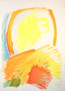 Abstraktes Gemälde mit sonnengelbem Lichtfleck in einem ovalen Rahmen.