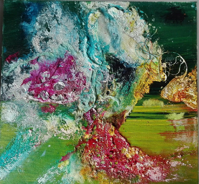 Abstraktes, strukturiertes Gemälde in Grün, Türkis, Pink und Gold.