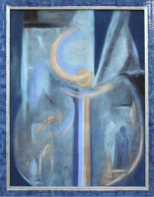 Abstraktes Gemälde in Blau- und Beigetönen mit Text.