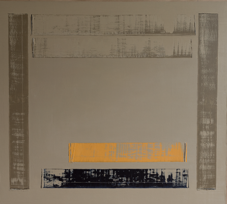 Abstraktes Gemälde mit horizontalen und vertikalen Streifen auf beigem Hintergrund.