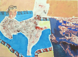 Gemälde einer sitzenden Figur in Weiß mit einem blauen, abstrakten Hintergrund.