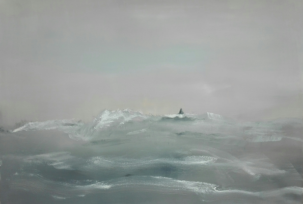 Abstraktes Gemälde einer grauen Landschaft mit Haus auf Hügel.