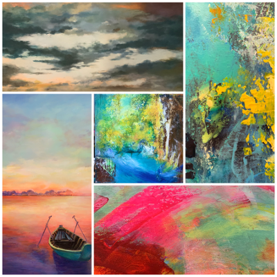 Collage aus fünf Gemälden mit Landschaften und abstrakter Kunst.