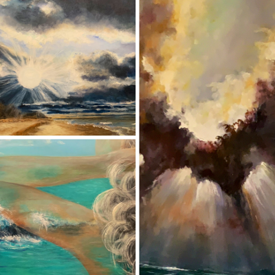 Collage aus drei abstrakten und maritimen Gemälden.