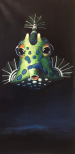 Gemälde eines grünen Fisches mit blauen Punkten und orangefarbenem Mund.