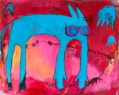 Expressionistisches Gemälde: Blaues Tier mit Sonnenbrille.