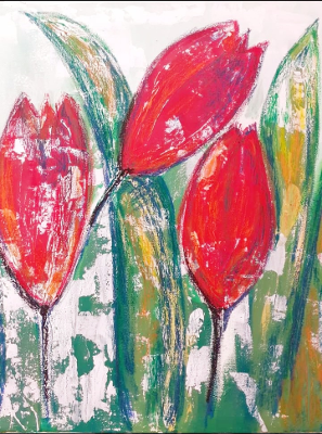 Farbiges Gemälde von drei roten Tulpen mit grünen Blättern.