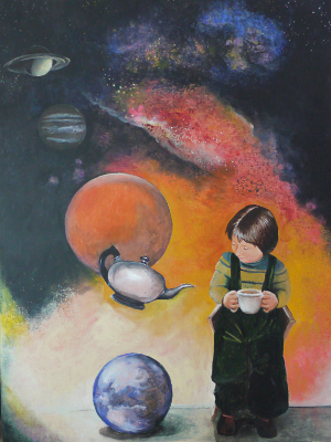 Gemälde eines Kindes mit Tasse im Weltraum, umgeben von Planeten und einer Teekanne.