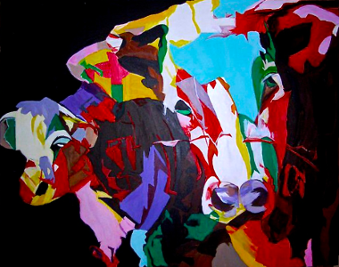 Abstraktes Gemälde von Kühen mit leuchtenden Farben und schwarzem Hintergrund.