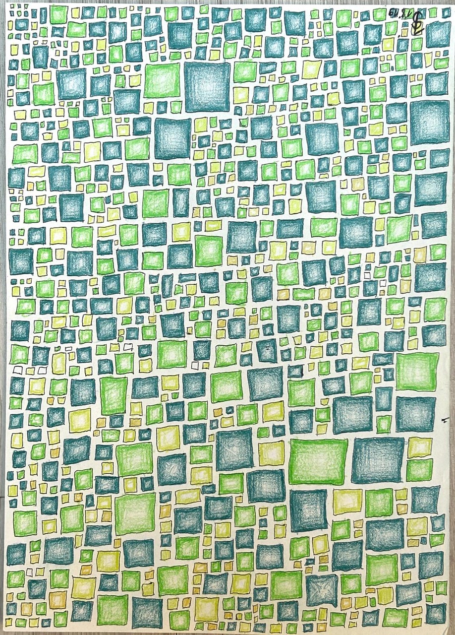 Abstraktes Muster aus unregelmäßigen Quadraten in Grün- und Blautönen.