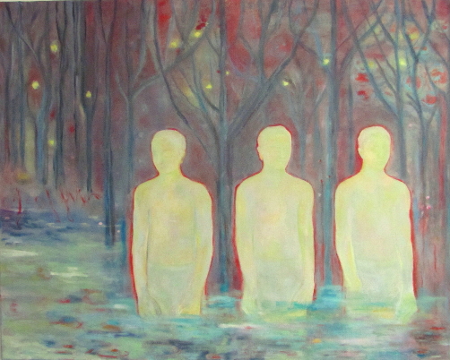Gemälde von drei leuchtenden Figuren, die in Wasser vor einem dunklen Wald stehen.