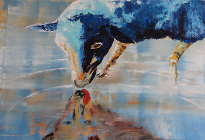 Gemälde eines blauen Schafes, das sich in seinem Spiegelbild spiegelt.