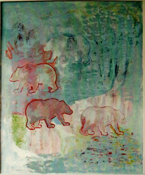 Abstraktes Gemälde von Bären in einem Wald in Grün- und Rottönen.