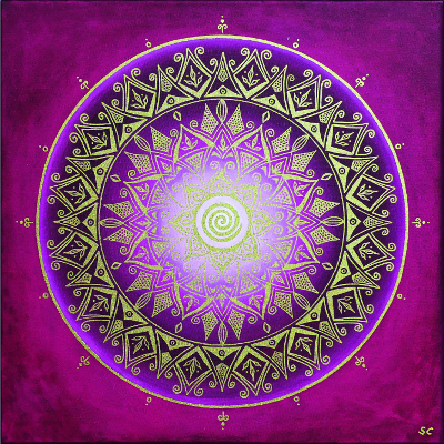 Eine goldene Mandala-Kunst auf einem leuchtend violetten Hintergrund.